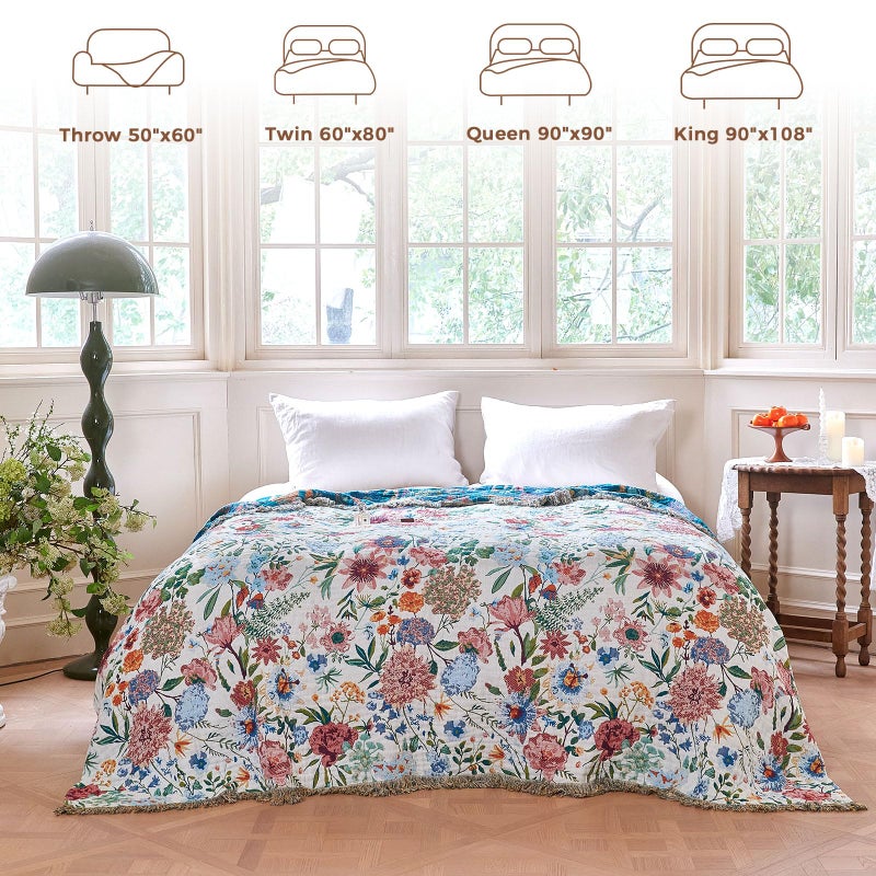 LUTBM Boho Throw Blanket for Bed Cotton Spring Blankets for Bedroom Living Room Twin All Season Lightweight Floral Embroidery Quilt for Couch Sofa Chair 60"x80" - Image 5