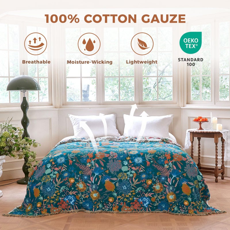 LUTBM Boho Throw Blanket for Bed Cotton Spring Blankets for Bedroom Living Room Twin All Season Lightweight Floral Embroidery Quilt for Couch Sofa Chair 60"x80" - Image 2