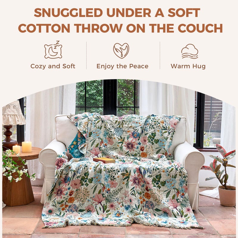 LUTBM Boho Throw Blanket for Bed Cotton Spring Blankets for Bedroom Living Room Twin All Season Lightweight Floral Embroidery Quilt for Couch Sofa Chair 60"x80" - Image 4