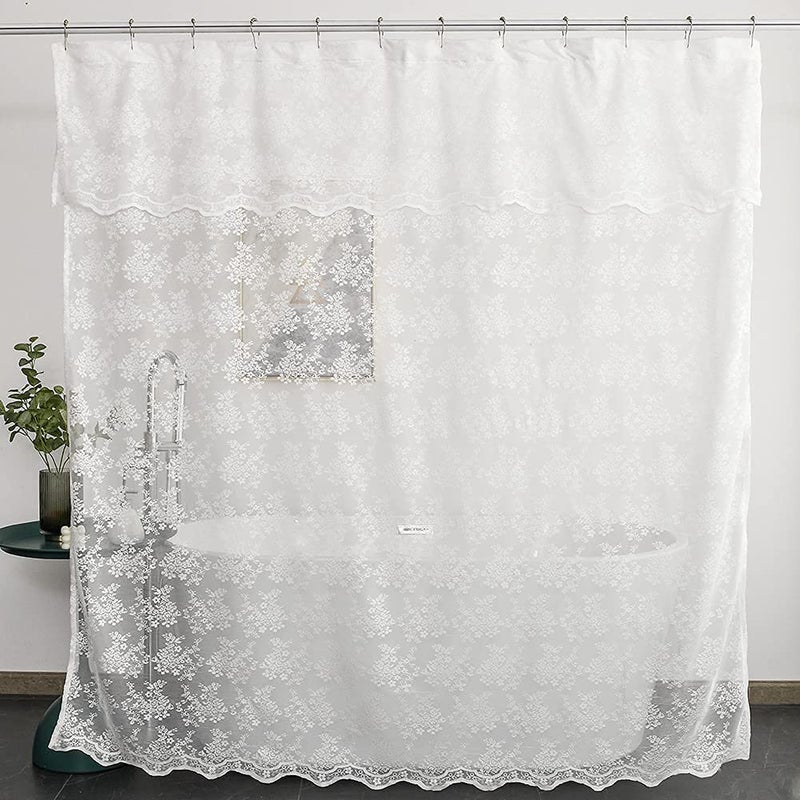 YJ YANJUN YJ YANJUN White Lace Shower Curtain  Victorian Shower Curtain with Attached Valance Floret Lace Shower Curtain for Bathroom Scalloped Edge 72 x 72 Inch 1 Panel 