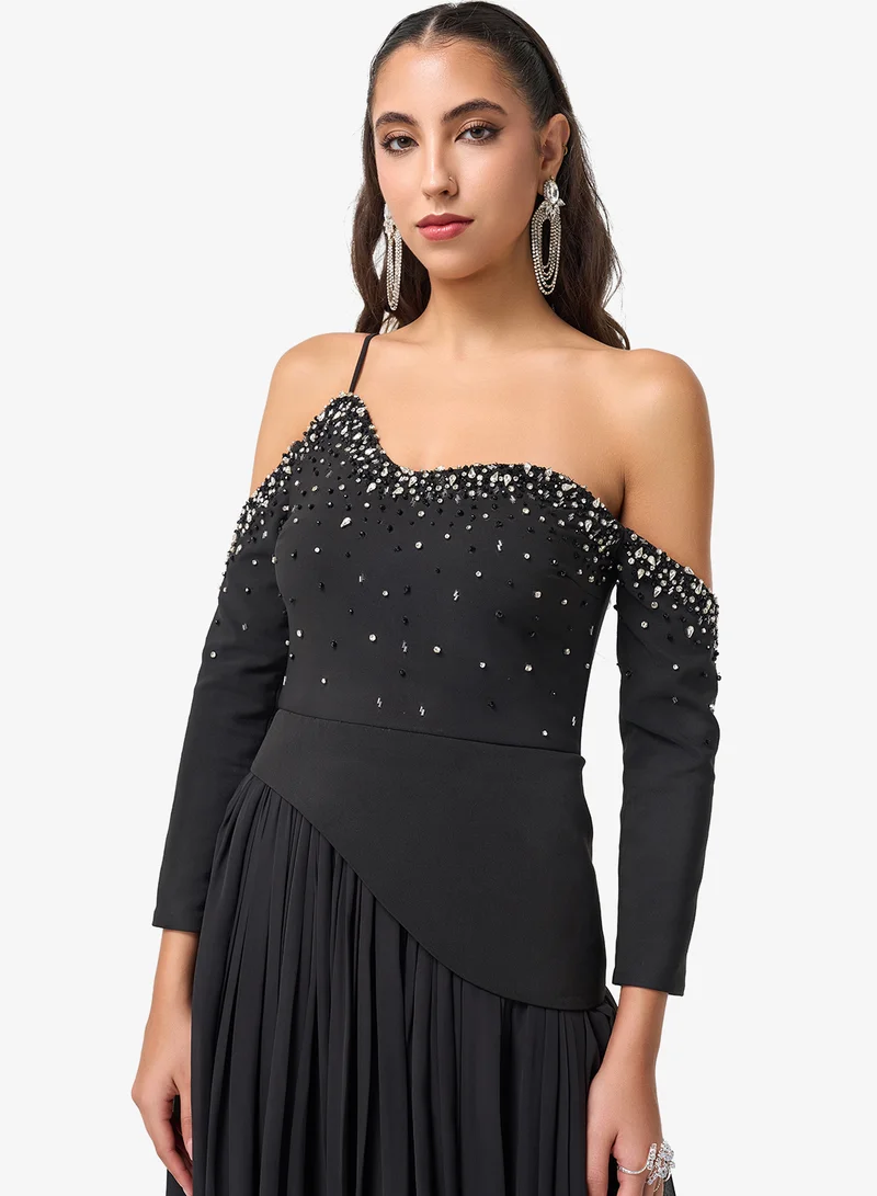 Threadz by Ajooni  Bead Embellished Cold Shoulder Maxi Dress for Women | Best Price UAE