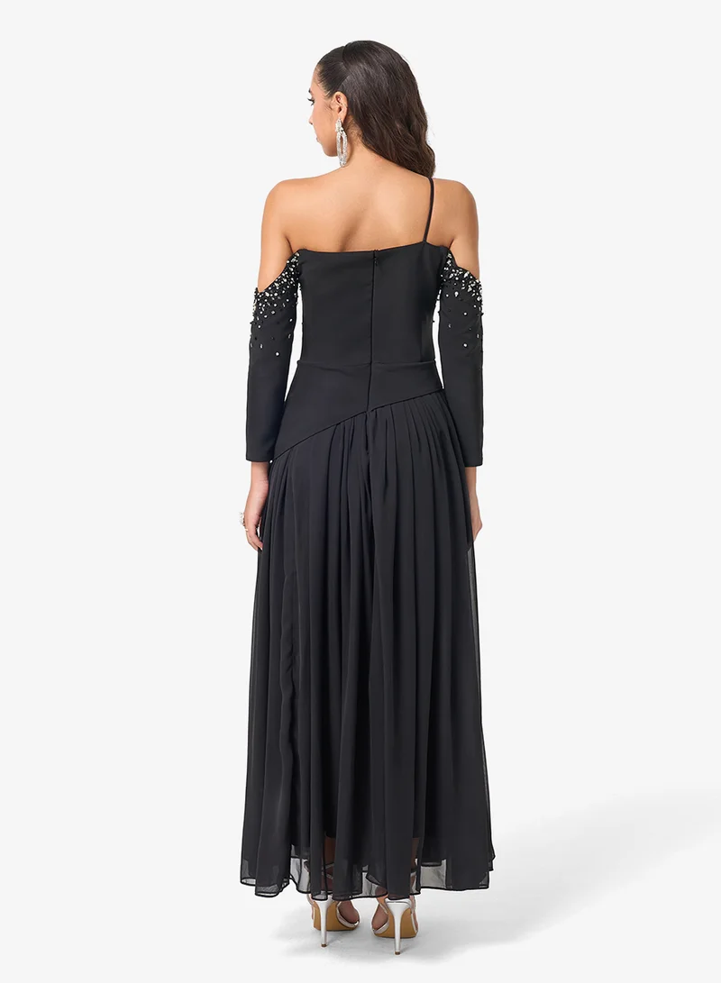 Threadz by Ajooni Bead Embellished Cold Shoulder Maxi Dress
