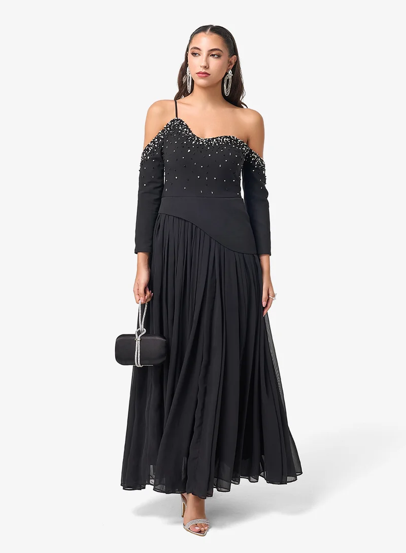 Threadz by Ajooni Bead Embellished Cold Shoulder Maxi Dress