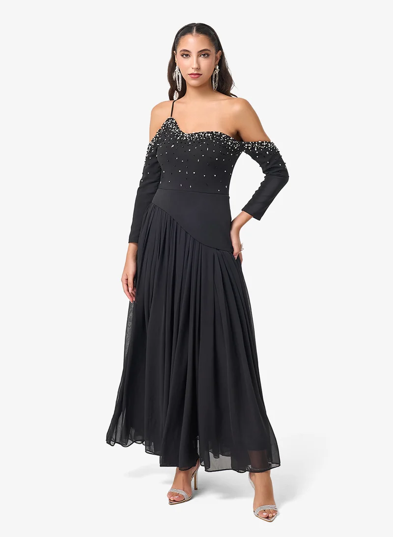 Threadz by Ajooni  Bead Embellished Cold Shoulder Maxi Dress for Women | Best Price UAE