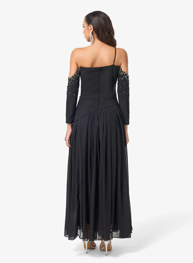 Threadz By Ajooni  Bead Embellished Cold Shoulder Maxi Dress for Women | Best Price UAE