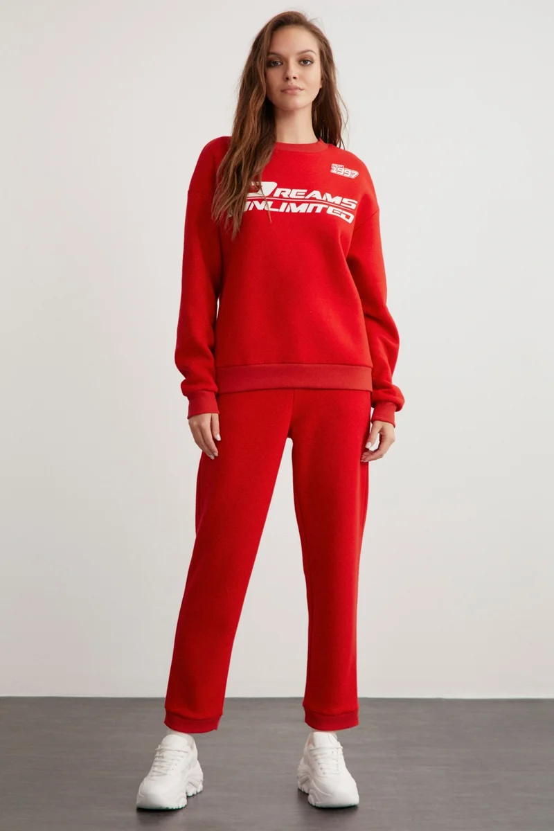 جريميلانج Darcy Women's Crew Neck Long Sleeve Elastic Waist Printed Red Tracksuit