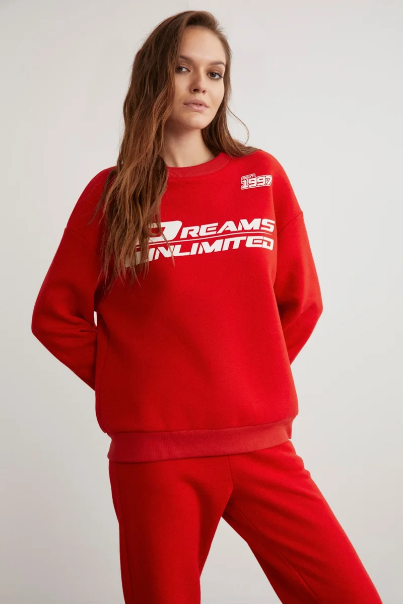 جريميلانج Darcy Women's Crew Neck Long Sleeve Elastic Waist Printed Red Tracksuit