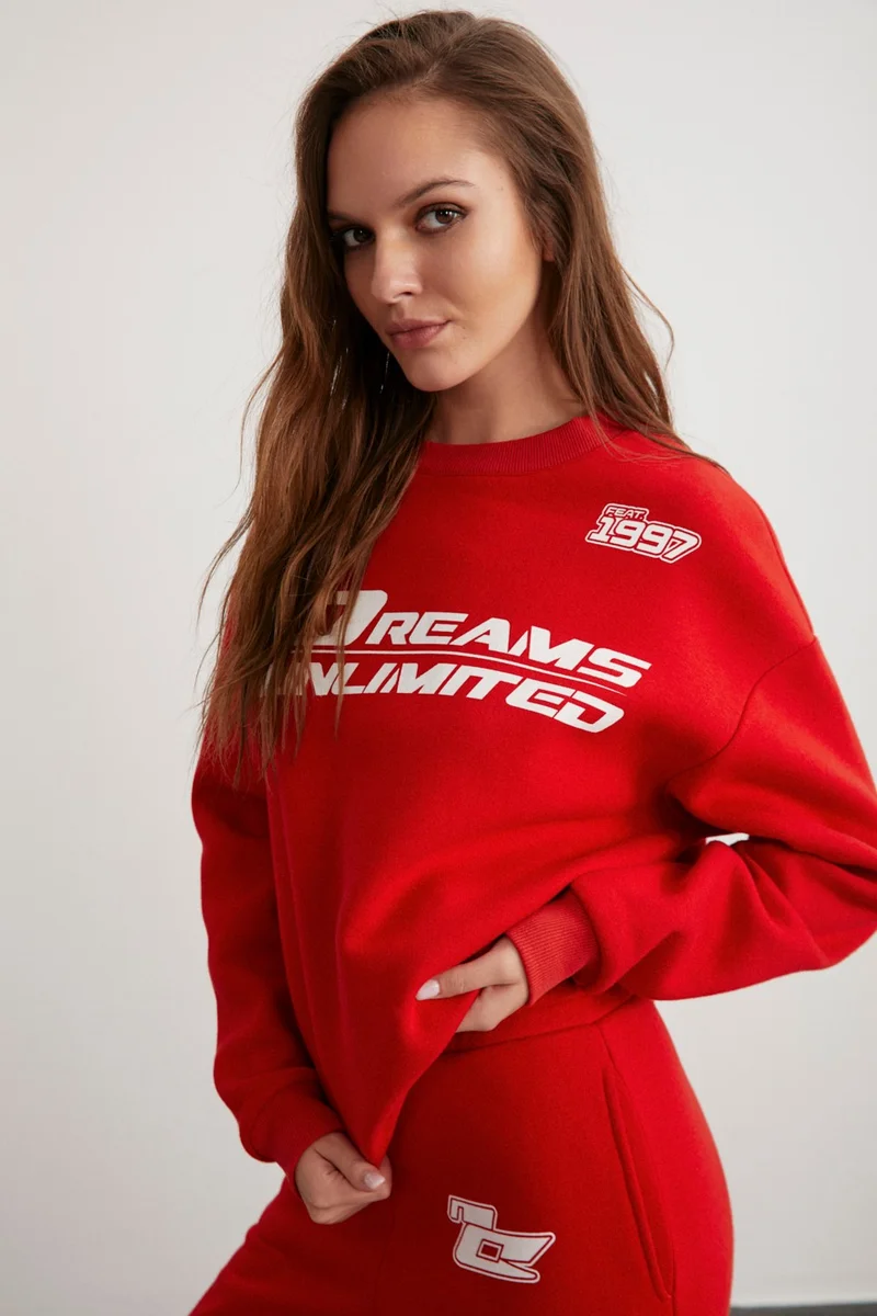 جريميلانج Darcy Women's Crew Neck Long Sleeve Elastic Waist Printed Red Tracksuit