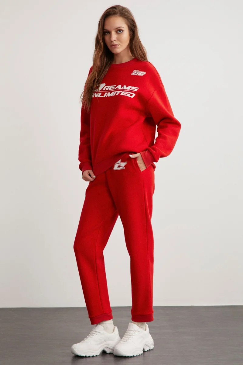 جريميلانج Darcy Women's Crew Neck Long Sleeve Elastic Waist Printed Red Tracksuit