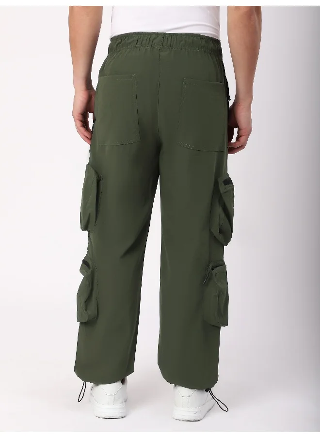 بيونغ Olive Green 3D Pocket With Zipper Cargo Pants