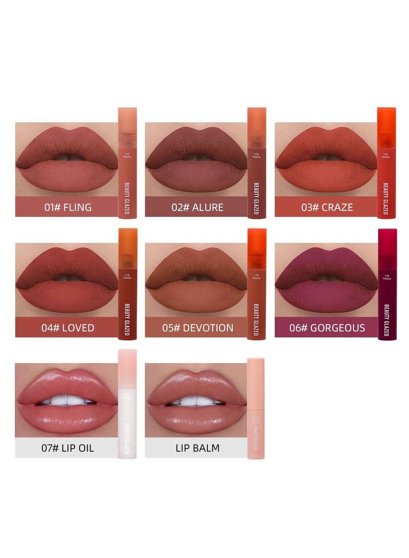 BP 6Pcs Matte Liquid Lipstick + 1Pcs Balm + 1Pcs Lip Plumper Oil Makeup Set, Nude High Pigmented Long Lasting Waterproof Velvet Moisturize Lip Gloss Set for Girls and Women (8PCS) - Image 1