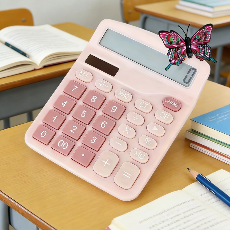 1pc Butterfly Style Pink Desktop Calculator 12 Digit Calculation Percentage Tax Memory Retrieval One Key Reset Dual Power Supply Ergonomic Design Color Buttons Multifunctional Suitable For Desks Office - Image 3