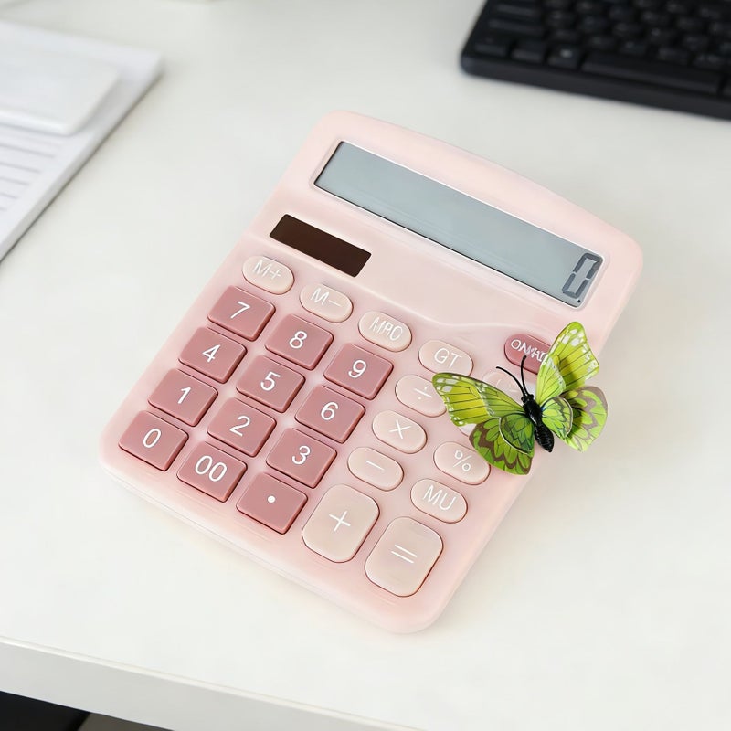 1pc Butterfly Style Pink Desktop Calculator 12 Digit Calculation Percentage Tax Memory Retrieval One Key Reset Dual Power Supply Ergonomic Design Color Buttons Multifunctional Suitable For Desks Office - Image 1