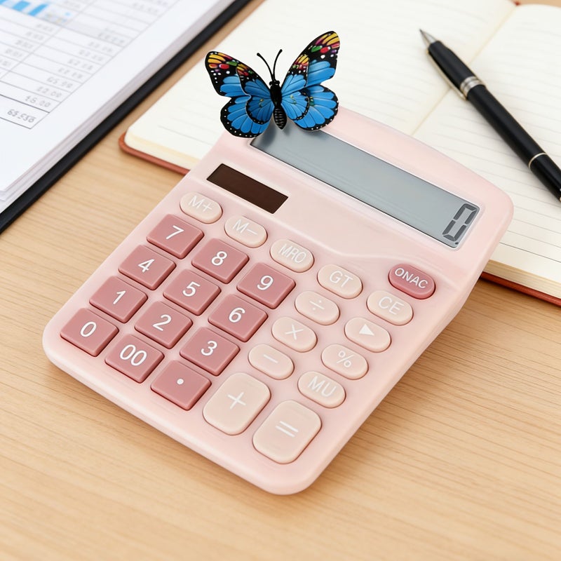 1pc Butterfly Style Pink Desktop Calculator 12 Digit Calculation Percentage Tax Memory Retrieval One Key Reset Dual Power Supply Ergonomic Design Color Buttons Multifunctional Suitable For Desks Office - Image 5