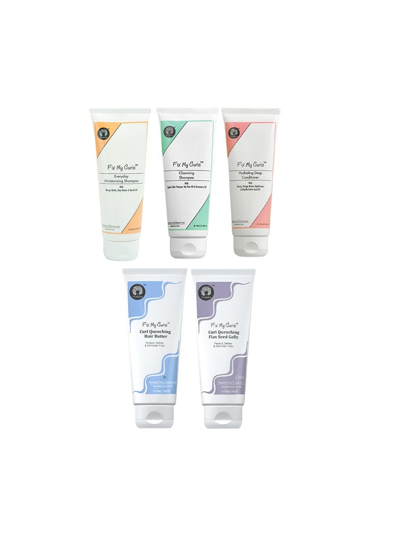 Fix My Curls Complete Curl Care Kit| Cleansing Shampoo, Moisturizing Shampoo, Hydrating Deep Conditioner, Leave-in Cream and Defining Hair Gel for Soothing, Moisturized & Defined Curls 3.52 Oz Each 