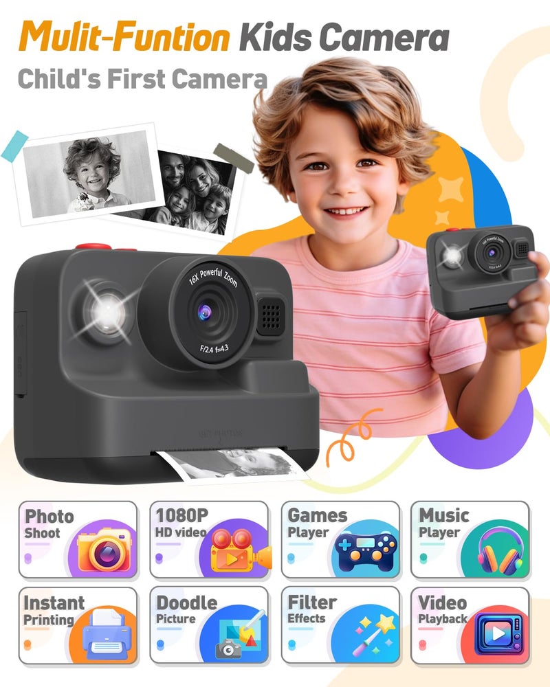 Yehtta Kids Camera Instant Print, Christmas Birthday Gifts for 3-12 Year Old Boys Girls, 2.4in Screen 1080P Kids Digital Camera Toys for Kids Age 3 4 5 6 7 8 9 10 with 3 Rolls Print Paper 32G Card - Image 2