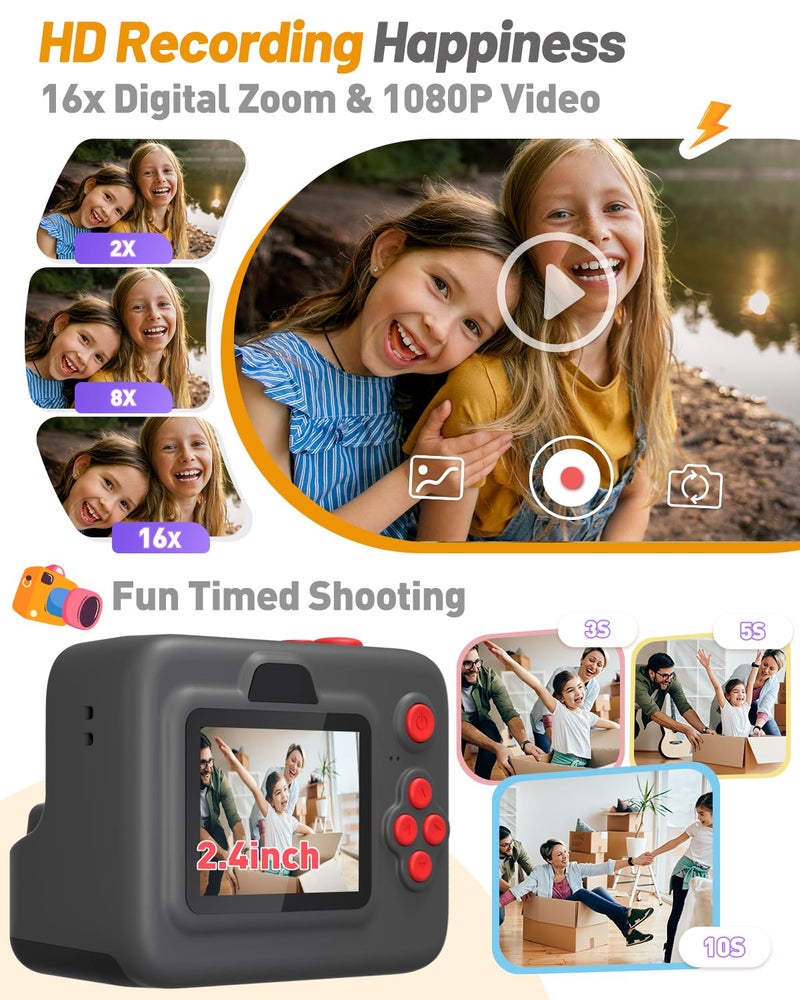 Yehtta Kids Camera Instant Print, Christmas Birthday Gifts for 3-12 Year Old Boys Girls, 2.4in Screen 1080P Kids Digital Camera Toys for Kids Age 3 4 5 6 7 8 9 10 with 3 Rolls Print Paper 32G Card - Image 3