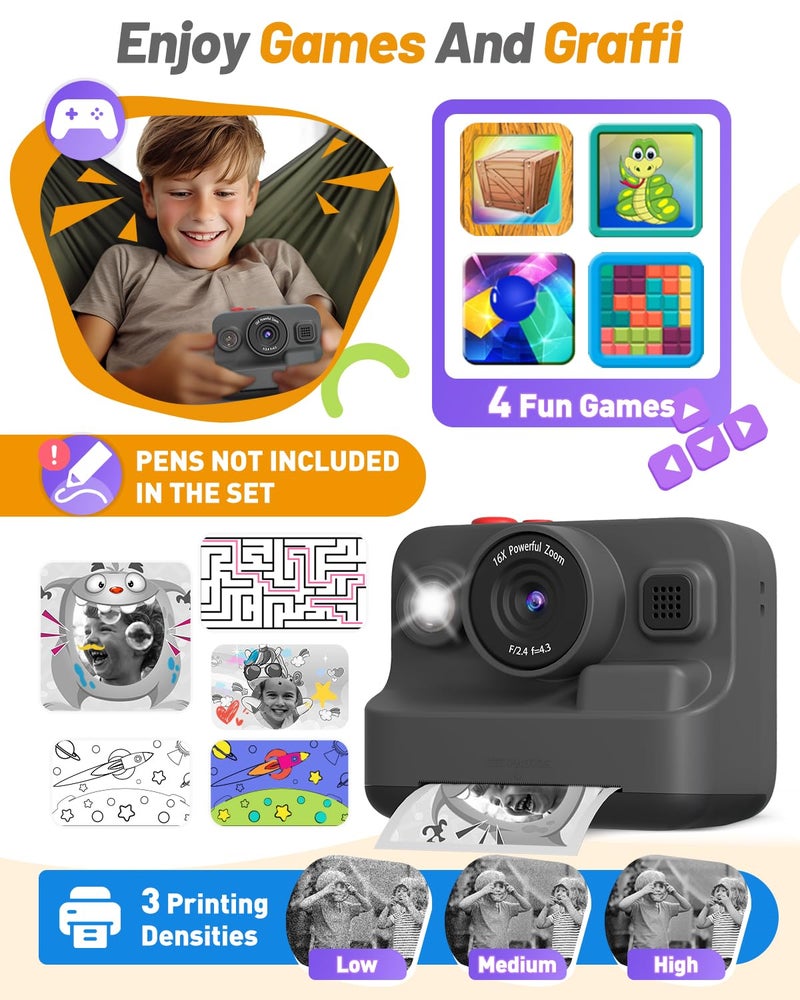 Yehtta Kids Camera Instant Print, Christmas Birthday Gifts for 3-12 Year Old Boys Girls, 2.4in Screen 1080P Kids Digital Camera Toys for Kids Age 3 4 5 6 7 8 9 10 with 3 Rolls Print Paper 32G Card - Image 5