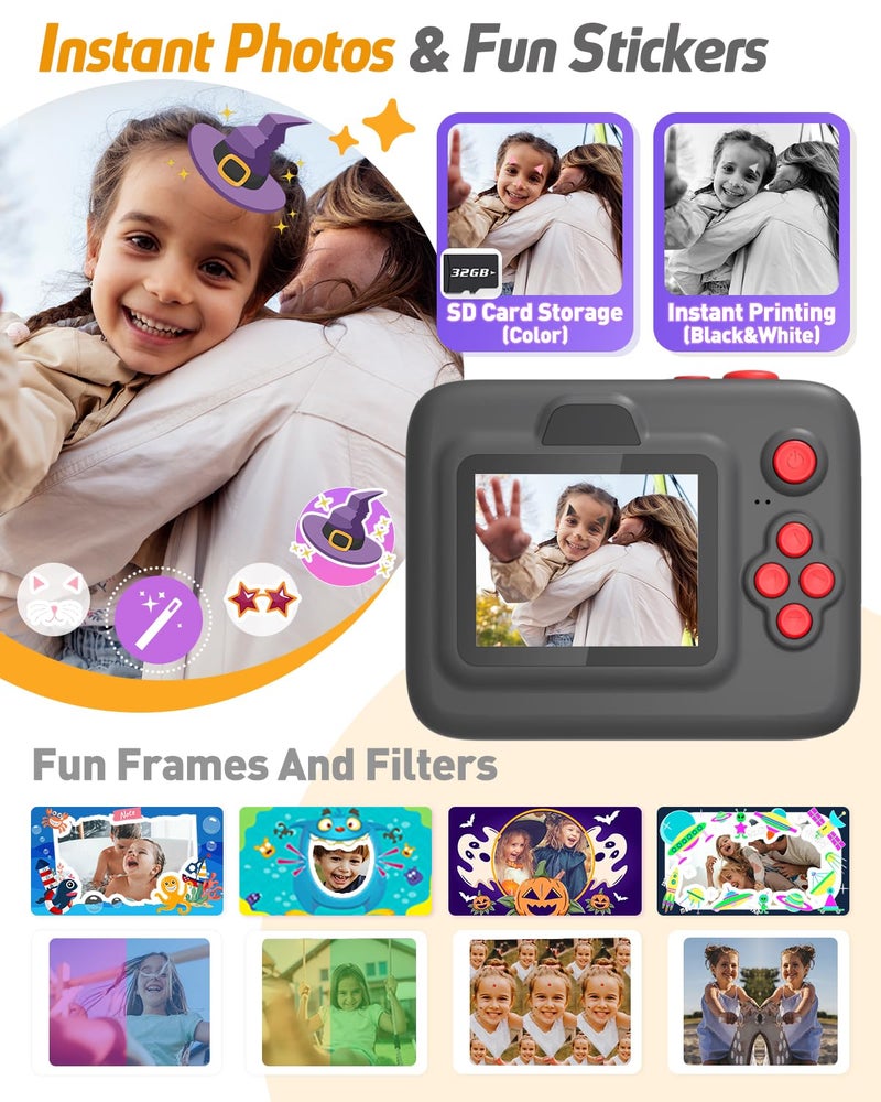 Yehtta Kids Camera Instant Print, Christmas Birthday Gifts for 3-12 Year Old Boys Girls, 2.4in Screen 1080P Kids Digital Camera Toys for Kids Age 3 4 5 6 7 8 9 10 with 3 Rolls Print Paper 32G Card - Image 4