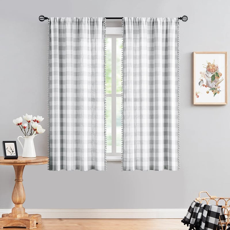 Treatmentex Grey White Check Plaid Curtains 54inch Pom Pom Buffalo Check Window Curtains for Small Windows Bedroom Farmhouse D?cor Light Filtering Semi Sheer Curtains 2pcs - Image 2
