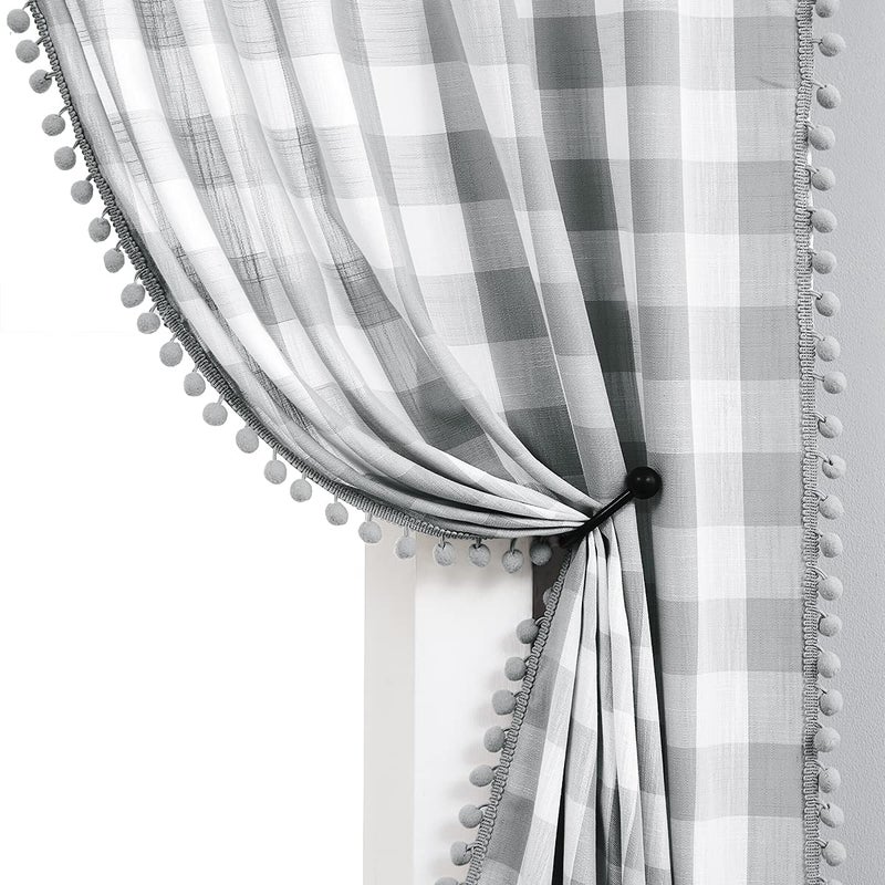 Treatmentex Grey White Check Plaid Curtains 54inch Pom Pom Buffalo Check Window Curtains for Small Windows Bedroom Farmhouse D?cor Light Filtering Semi Sheer Curtains 2pcs - Image 1