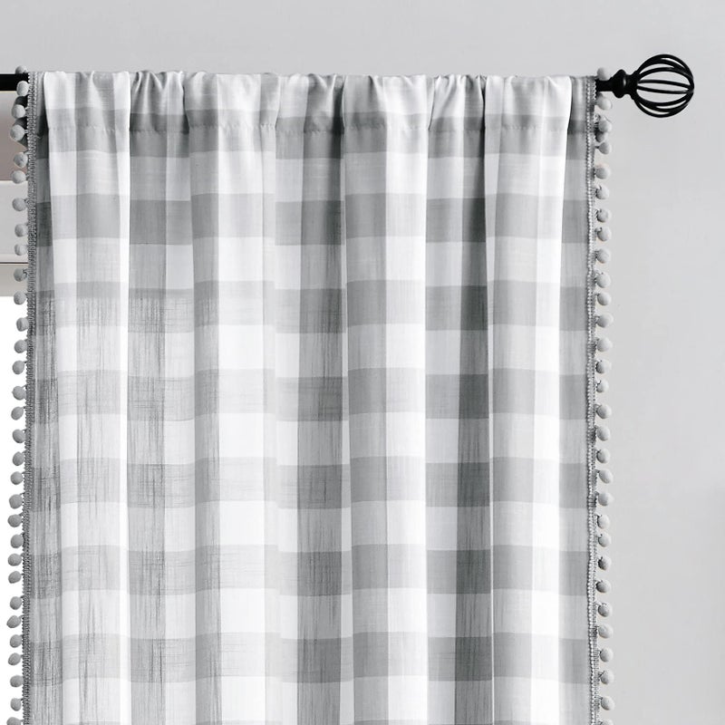 Treatmentex Grey White Check Plaid Curtains 54inch Pom Pom Buffalo Check Window Curtains for Small Windows Bedroom Farmhouse D?cor Light Filtering Semi Sheer Curtains 2pcs - Image 5