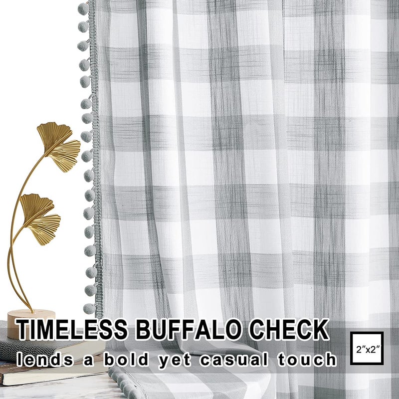 Treatmentex Grey White Check Plaid Curtains 54inch Pom Pom Buffalo Check Window Curtains for Small Windows Bedroom Farmhouse D?cor Light Filtering Semi Sheer Curtains 2pcs - Image 4