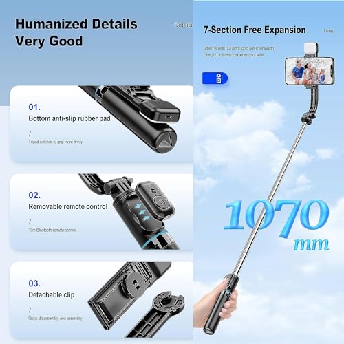 HOLD UP Selfie Stick for iPhone Samsung Phone Portable Remote Control Selfy Stick Selfie Stick with Fill Light & Small Extendable Tripod Stand for Taking Selfie Photo | Videos | Vlog During Travel - Image 3