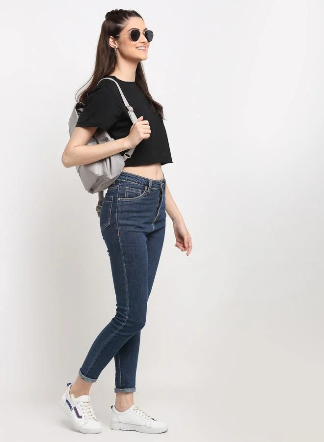 Styli Black Cotton Short Sleeve Crop T-Shirt By Door74