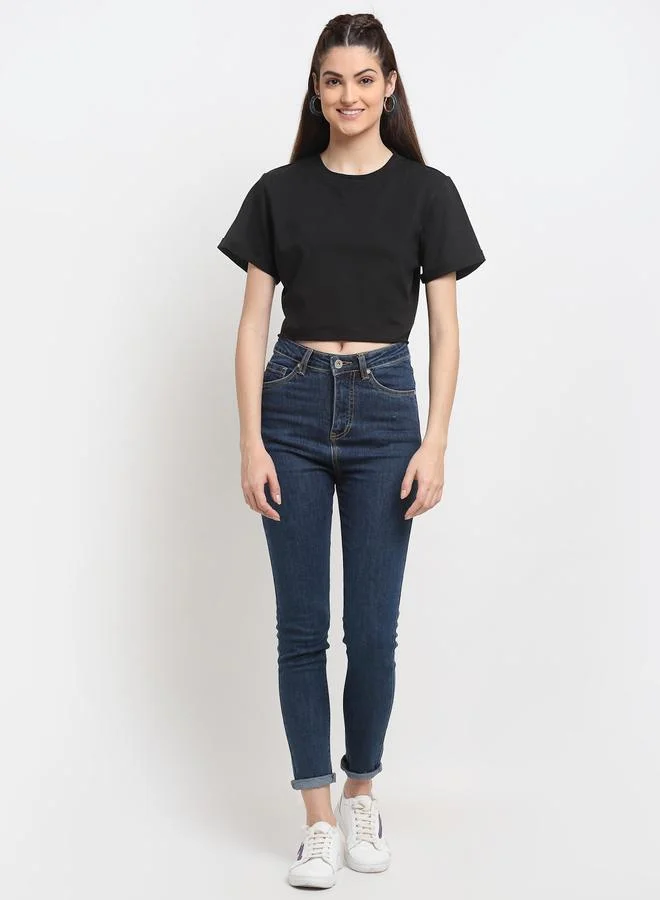 Styli Black Cotton Short Sleeve Crop T-Shirt By Door74