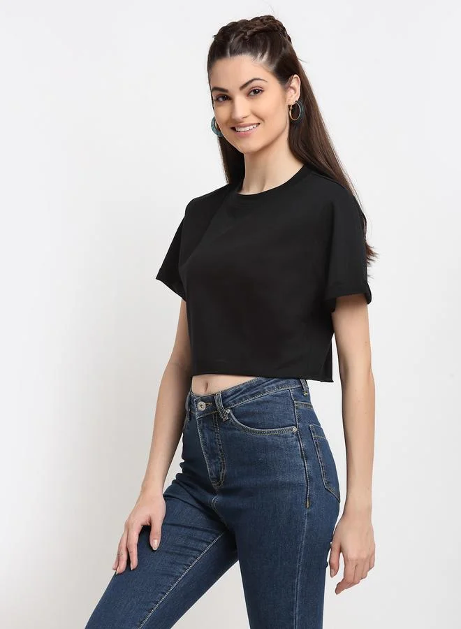 Styli Black Cotton Short Sleeve Crop T-Shirt By Door74