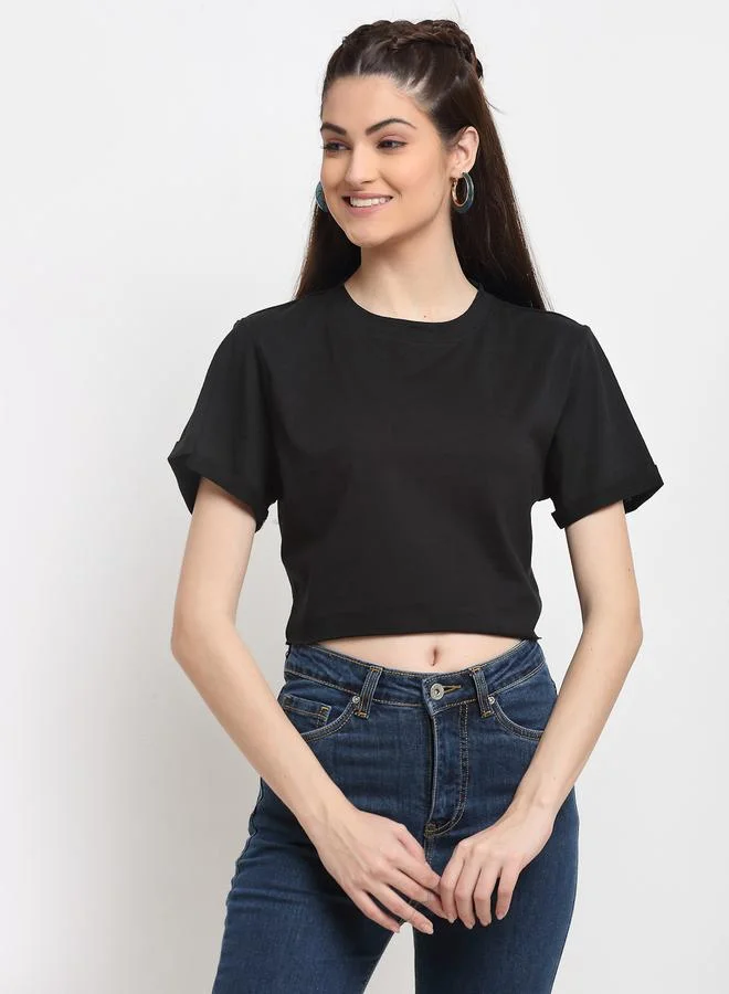 Styli Black Cotton Short Sleeve Crop T-Shirt By Door74