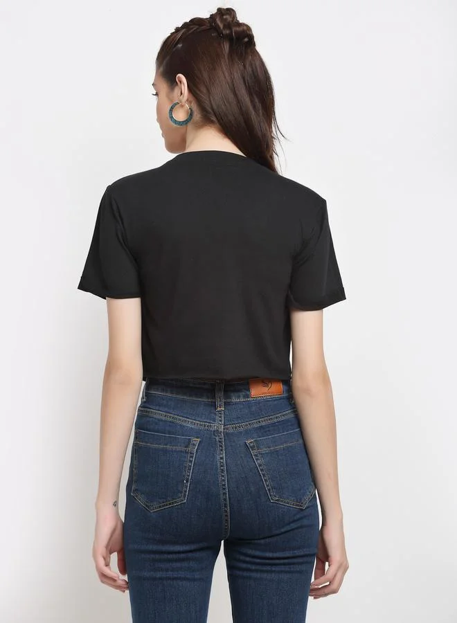Styli Black Cotton Short Sleeve Crop T-Shirt By Door74