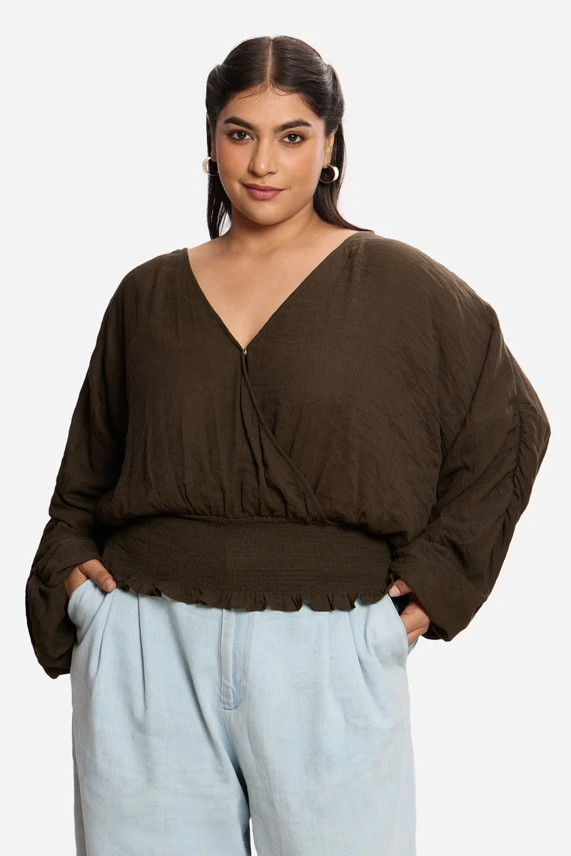 فيرجيو Solid Viscose Cropped Plus Size Top With Extended Sleeves for Women