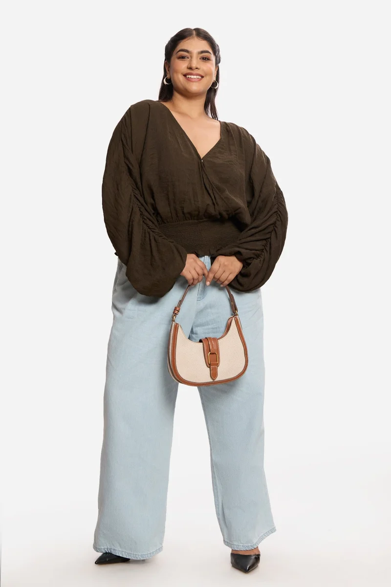 فيرجيو Solid Viscose Cropped Plus Size Top With Extended Sleeves for Women