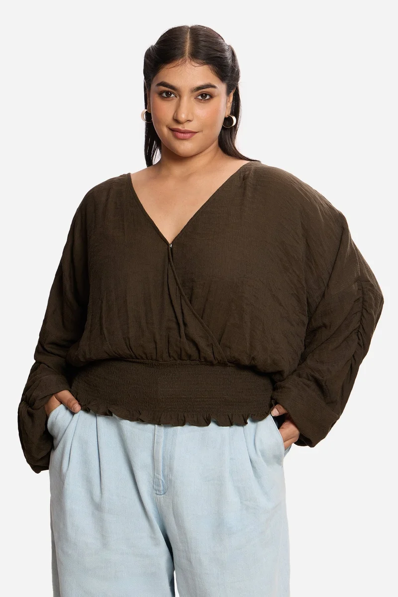 فيرجيو Solid Viscose Cropped Plus Size Top With Extended Sleeves for Women