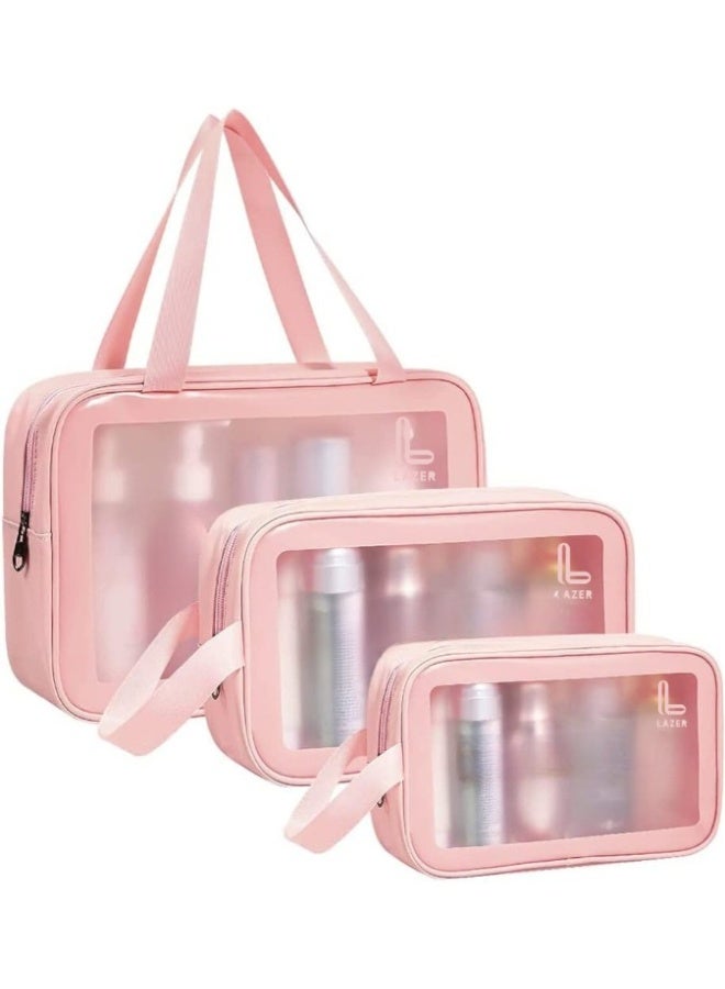 Lazer Premium Makeup Travel Pouch, Cosmetic Bag, Travel kit Pouch for Toiletries, Brushes and Cosmetics - Set of 3 - Washbag Pouch - Pink - Image 1