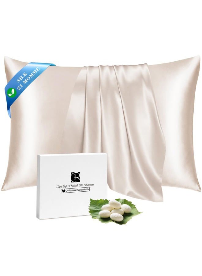 Ravmix Silk Pillow Cases with Zipper, 21 Momme Mulberry Silk Pillowcase for Hair Skin Health, Soft Smooth Breathable Cool Pillow Cover for Beauty Sleep with Gift Box(Standard 20"x26", Beige) 1PC - Image 1