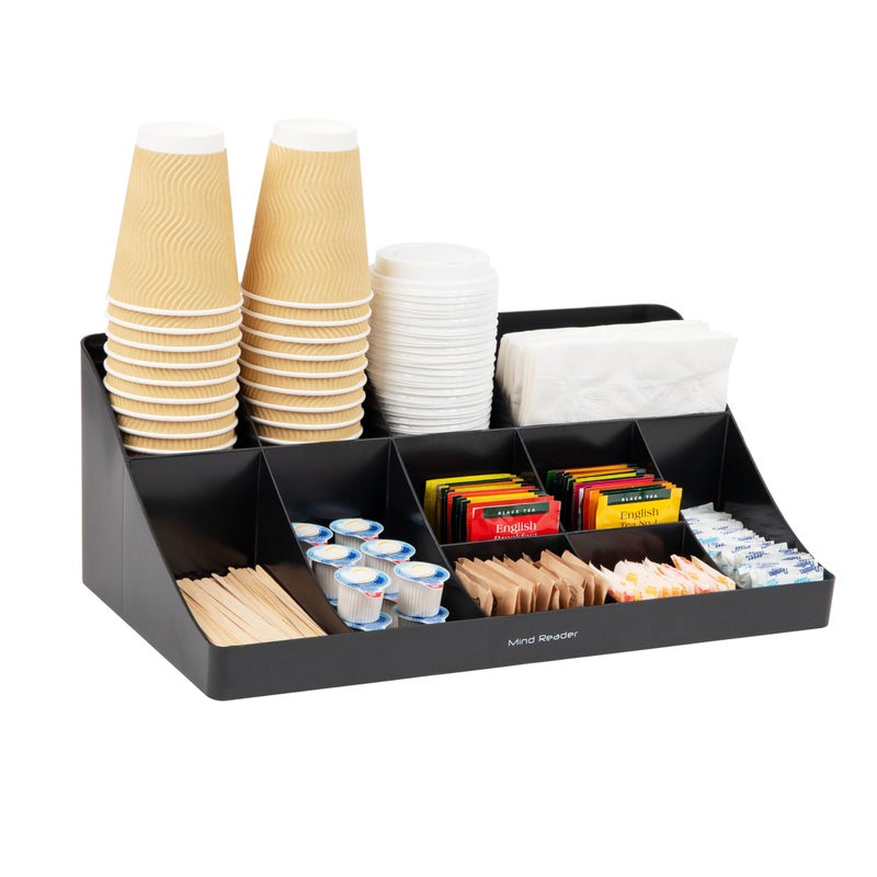 Mind Reader Cup and Condiment Station, Countertop Organizer, Coffee Bar, Kitchen, Stirrers, 17.875"L x 9.5"W x 6.625"H, Black - Image 1