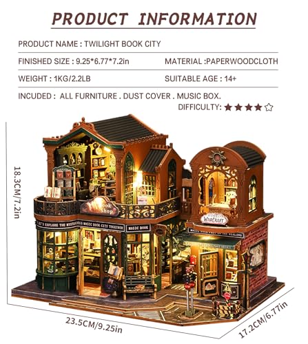 Spilay DIY Miniature Dollhouse Set with Wooden Furniture and LED Music Box dust Cover DIY Dollhouse Set, Handmade Craft Gifts for Birthdays, Christmas and Valentine's Day-(Twilight Book City) - Image 2