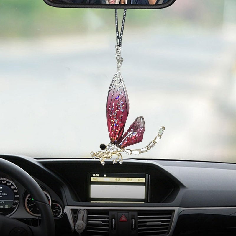 KITUREK Dragonfly Car Pendant Bling Crystal Diamond Suncatcher Transparent Wing Metal Dragonfly Rear View Mirror Charm Car Mirror Hanging Decoration Accessories for Room Window Wall Red - Image 3