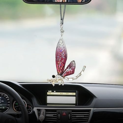 KITUREK Dragonfly Car Pendant Bling Crystal Diamond Suncatcher Transparent Wing Metal Dragonfly Rear View Mirror Charm Car Mirror Hanging Decoration Accessories for Room Window Wall Red - Image 1