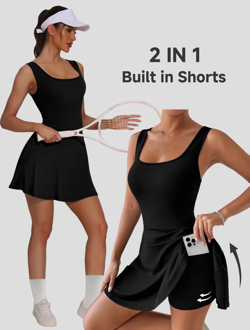 NIASHOT Women Athletic Dress Summer Tennis Golf Bodycon Mini Dresses with Shorts Underneath Workout Outfits Spring Skort Graduation Romper Travel Vacation Sleeveless Pocket Active Wear Black M - Image 4