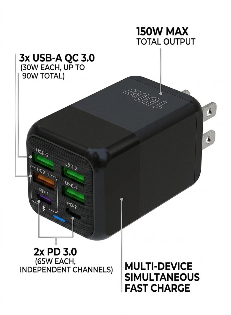 Liboer 150W UK 6 Ports Multifunctional Super Fast Charging Adapter Mobile Phone Charger Travel Power Adapter Black - Image 1