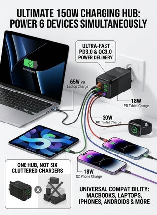150W UK 6 Ports Multifunctional Super Fast Charging Adapter Mobile Phone Charger Travel Power Adapter Black - view 4