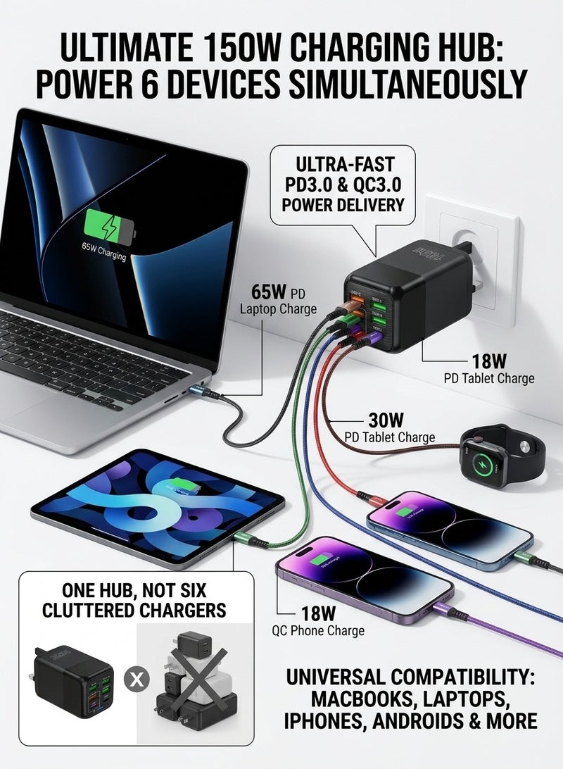 Liboer 150W UK 6 Ports Multifunctional Super Fast Charging Adapter Mobile Phone Charger Travel Power Adapter Black - Image 4