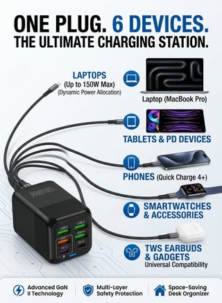 150W UK 6 Ports Multifunctional Super Fast Charging Adapter Mobile Phone Charger Travel Power Adapter Black - view 2