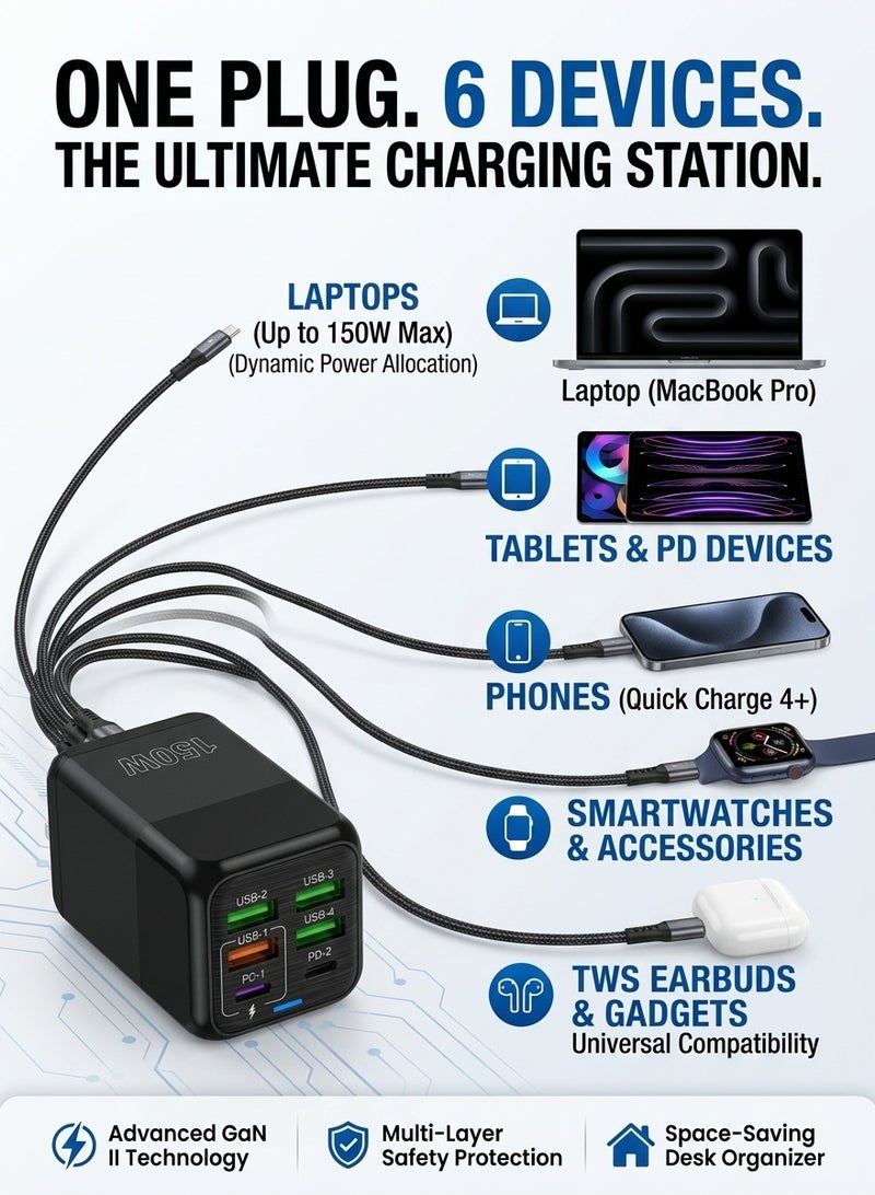 Liboer 150W UK 6 Ports Multifunctional Super Fast Charging Adapter Mobile Phone Charger Travel Power Adapter Black - Image 2