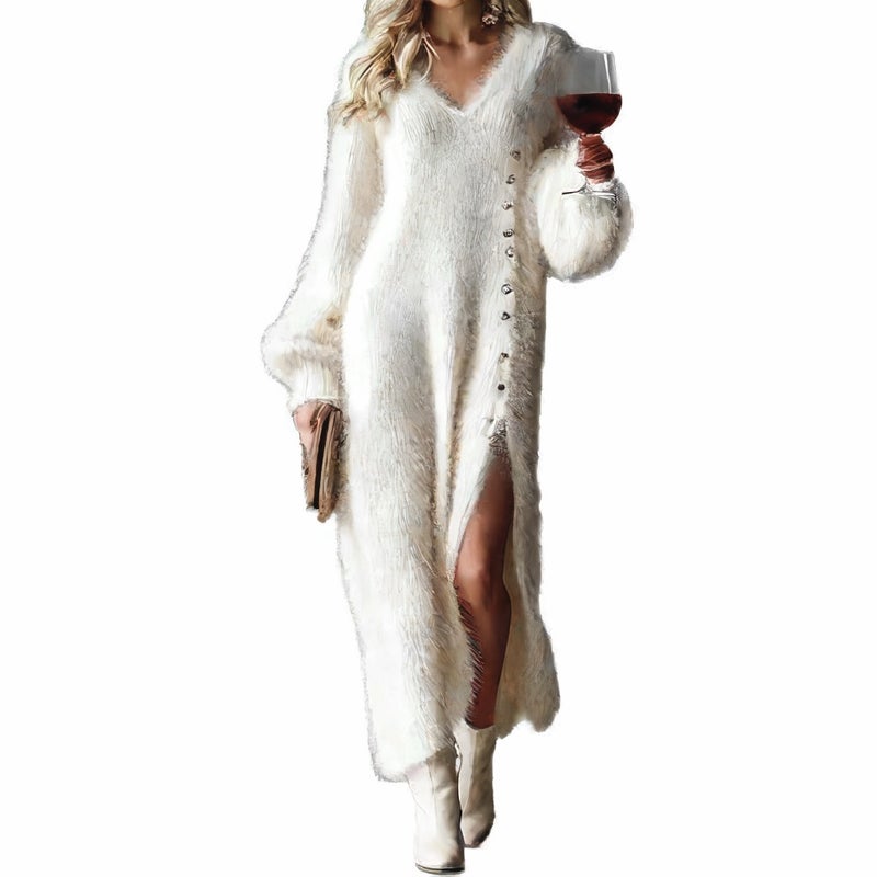V Neck Loose Button Detail Slit Dress - Image 5
