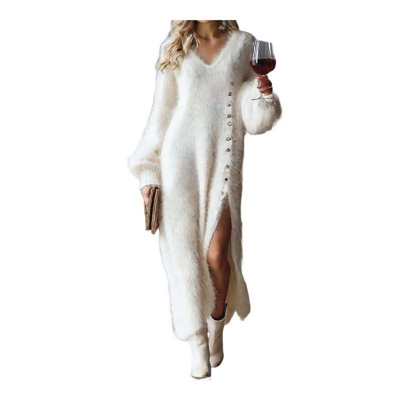 V Neck Loose Button Detail Slit Dress - Image 1